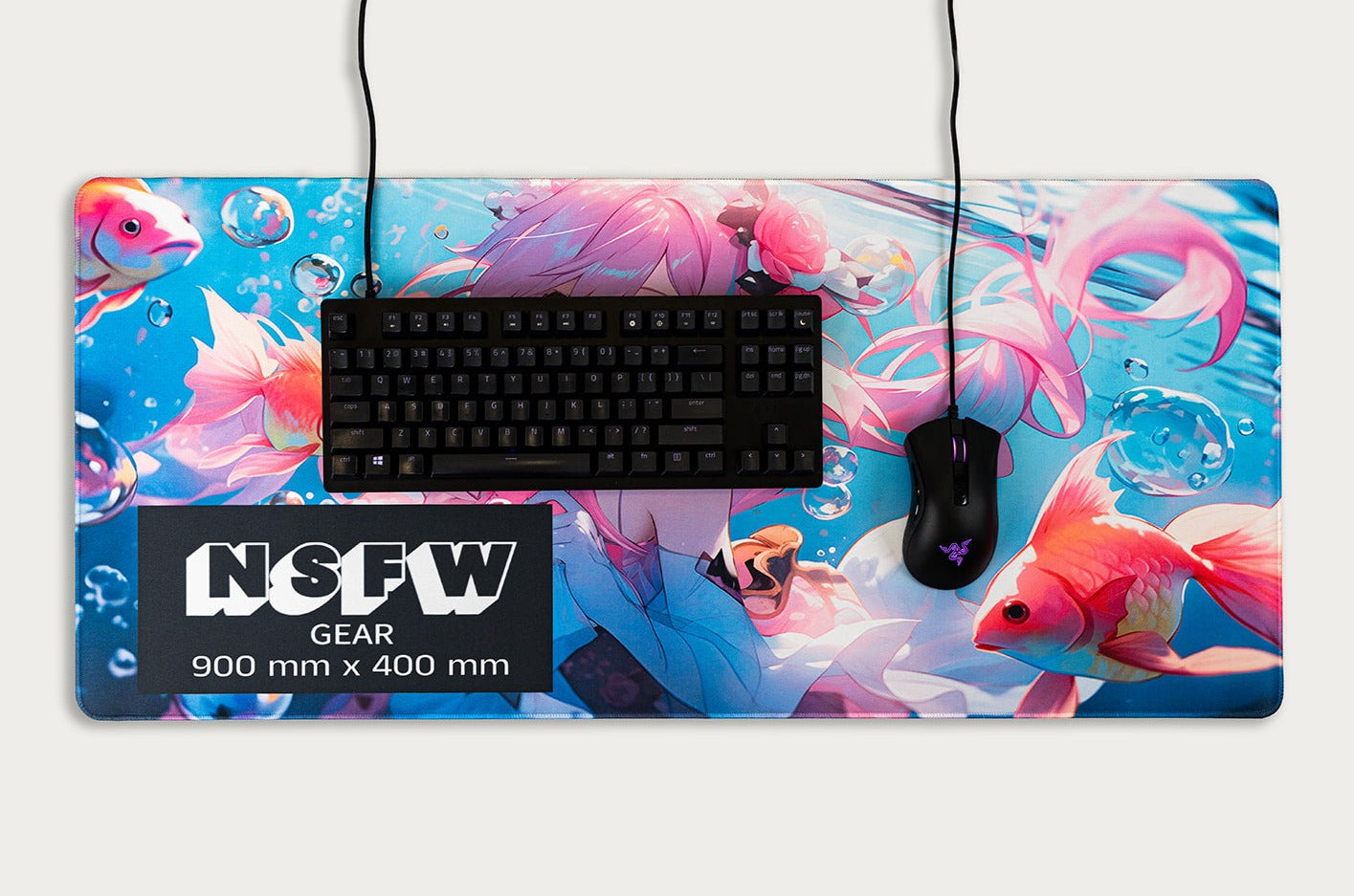 900x400 mouse pad top view with mouse and keyboard